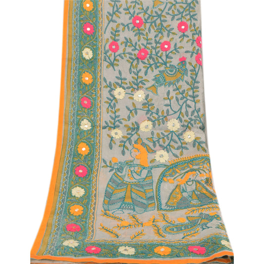 Sanskriti Vintage Gray Dupatta Long Stole Art Silk Phulkari Hand Embroidery Veil