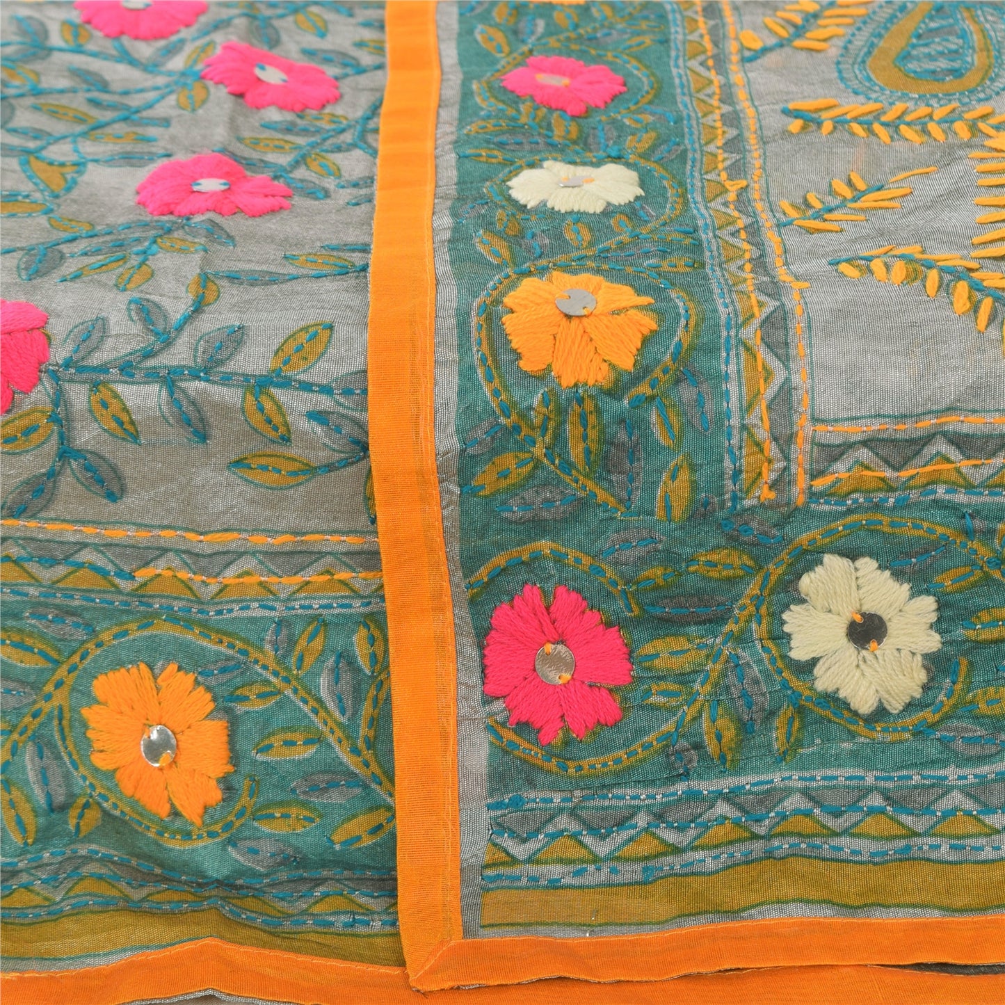 Sanskriti Vintage Gray Dupatta Long Stole Art Silk Phulkari Hand Embroidery Veil