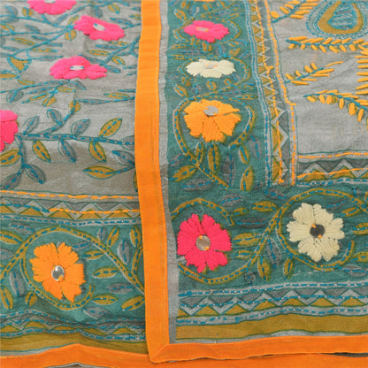 Sanskriti Vintage Gray Dupatta Long Stole Art Silk Phulkari Hand Embroidery Veil