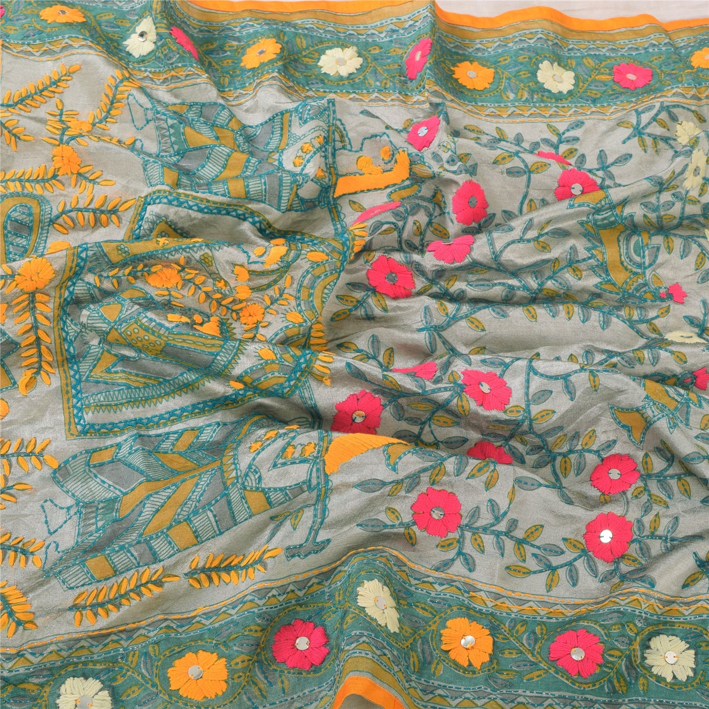 Sanskriti Vintage Gray Dupatta Long Stole Art Silk Phulkari Hand Embroidery Veil