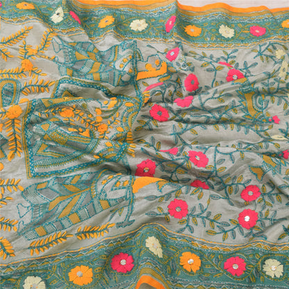 Sanskriti Vintage Gray Dupatta Long Stole Art Silk Phulkari Hand Embroidery Veil
