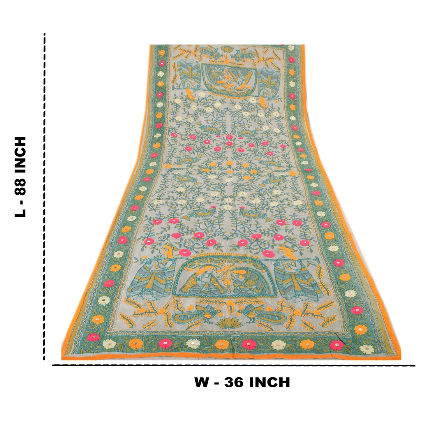 Sanskriti Vintage Gray Dupatta Long Stole Art Silk Phulkari Hand Embroidery Veil