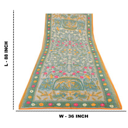 Sanskriti Vintage Gray Dupatta Long Stole Art Silk Phulkari Hand Embroidery Veil