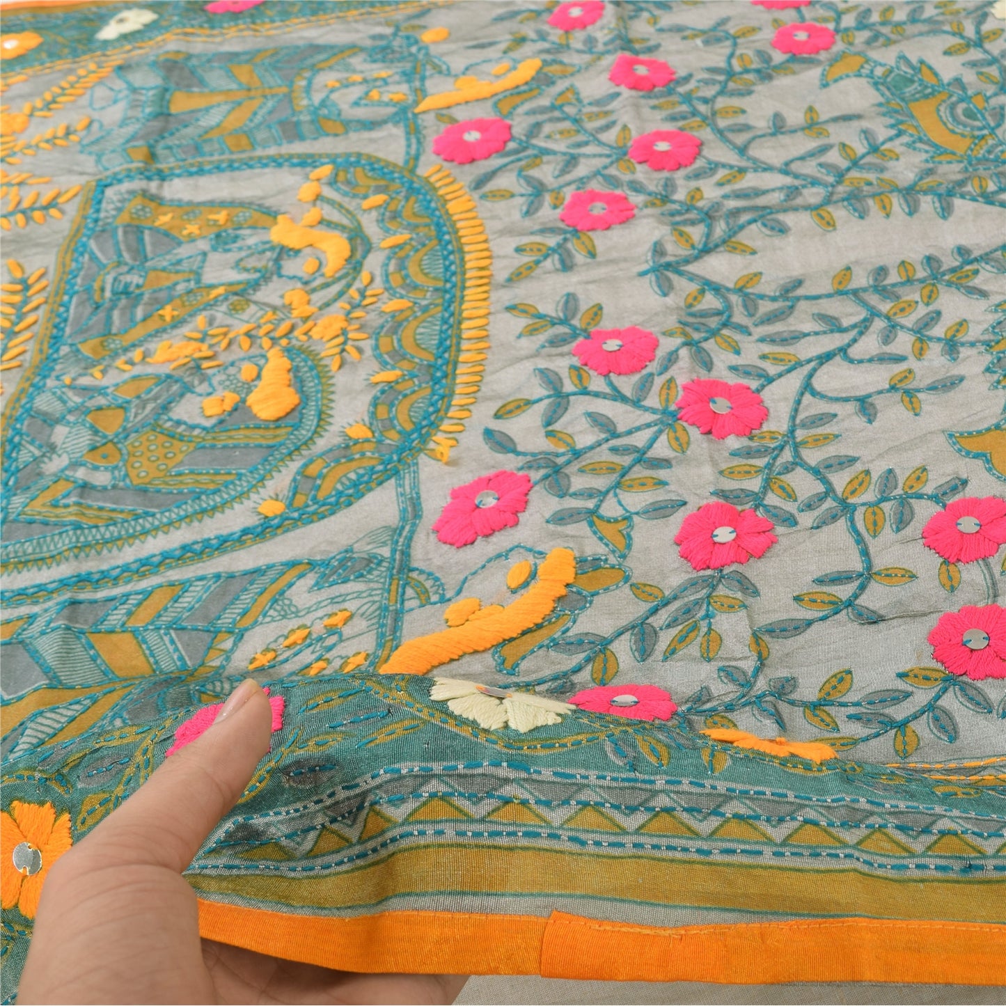 Sanskriti Vintage Gray Dupatta Long Stole Art Silk Phulkari Hand Embroidery Veil