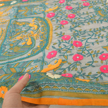 Sanskriti Vintage Gray Dupatta Long Stole Art Silk Phulkari Hand Embroidery Veil