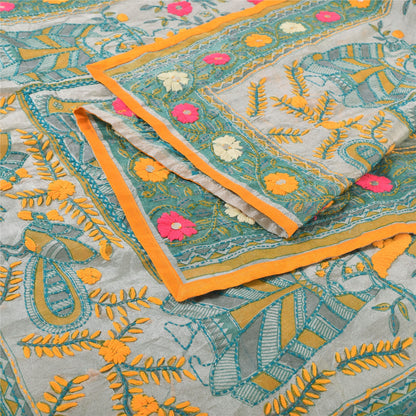 Sanskriti Vintage Gray Dupatta Long Stole Art Silk Phulkari Hand Embroidery Veil
