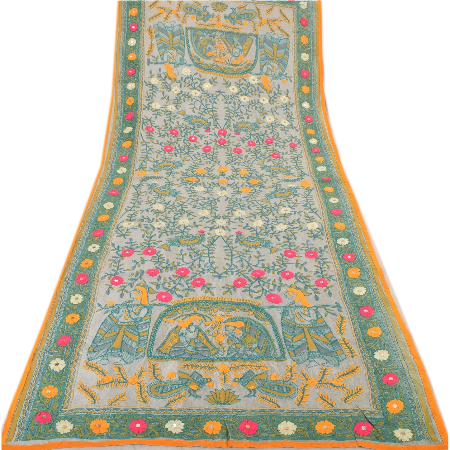 Sanskriti Vintage Gray Dupatta Long Stole Art Silk Phulkari Hand Embroidery Veil