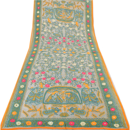 Sanskriti Vintage Gray Dupatta Long Stole Art Silk Phulkari Hand Embroidery Veil