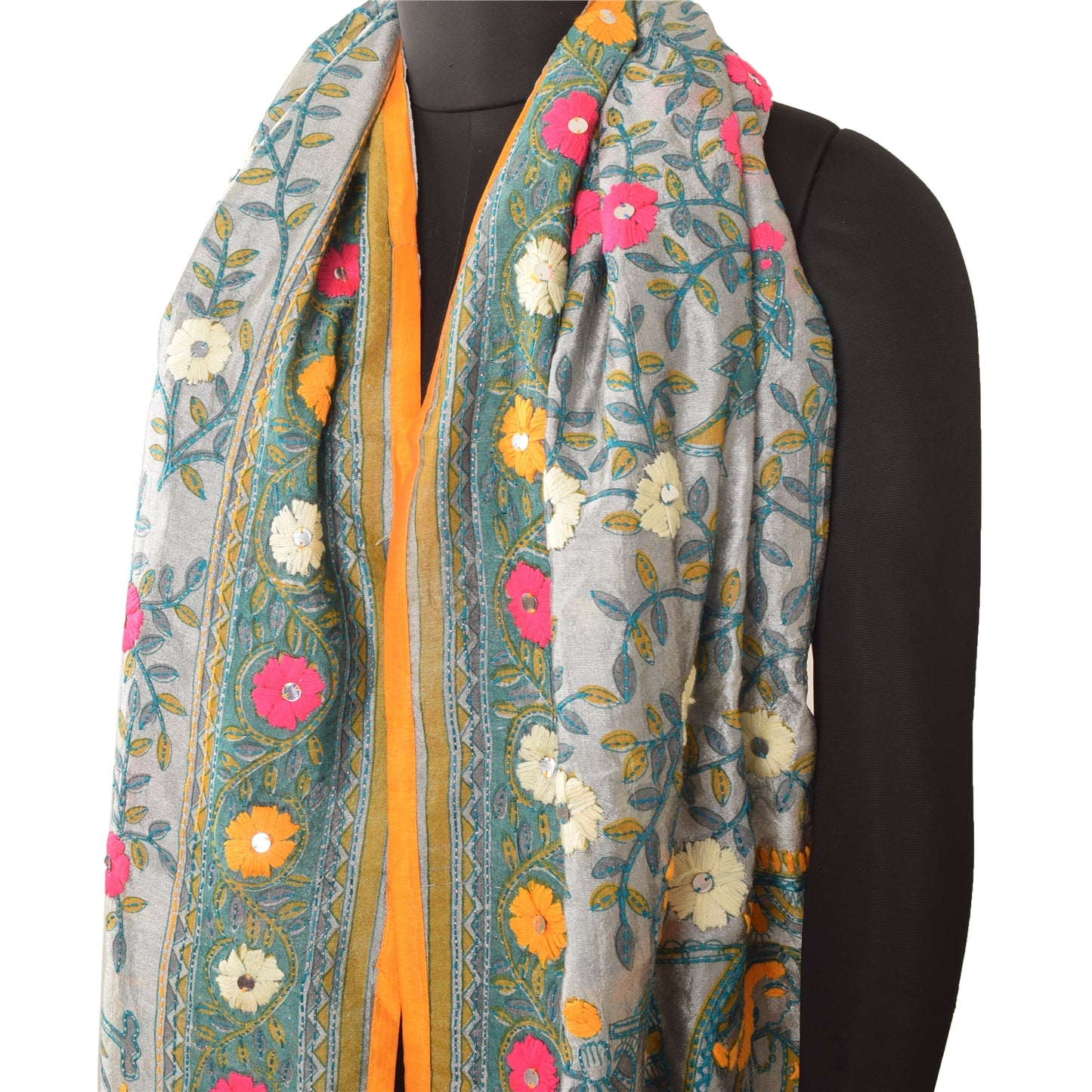 Sanskriti Vintage Gray Dupatta Long Stole Art Silk Phulkari Hand Embroidery Veil