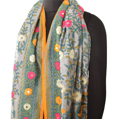 Sanskriti Vintage Gray Dupatta Long Stole Art Silk Phulkari Hand Embroidery Veil