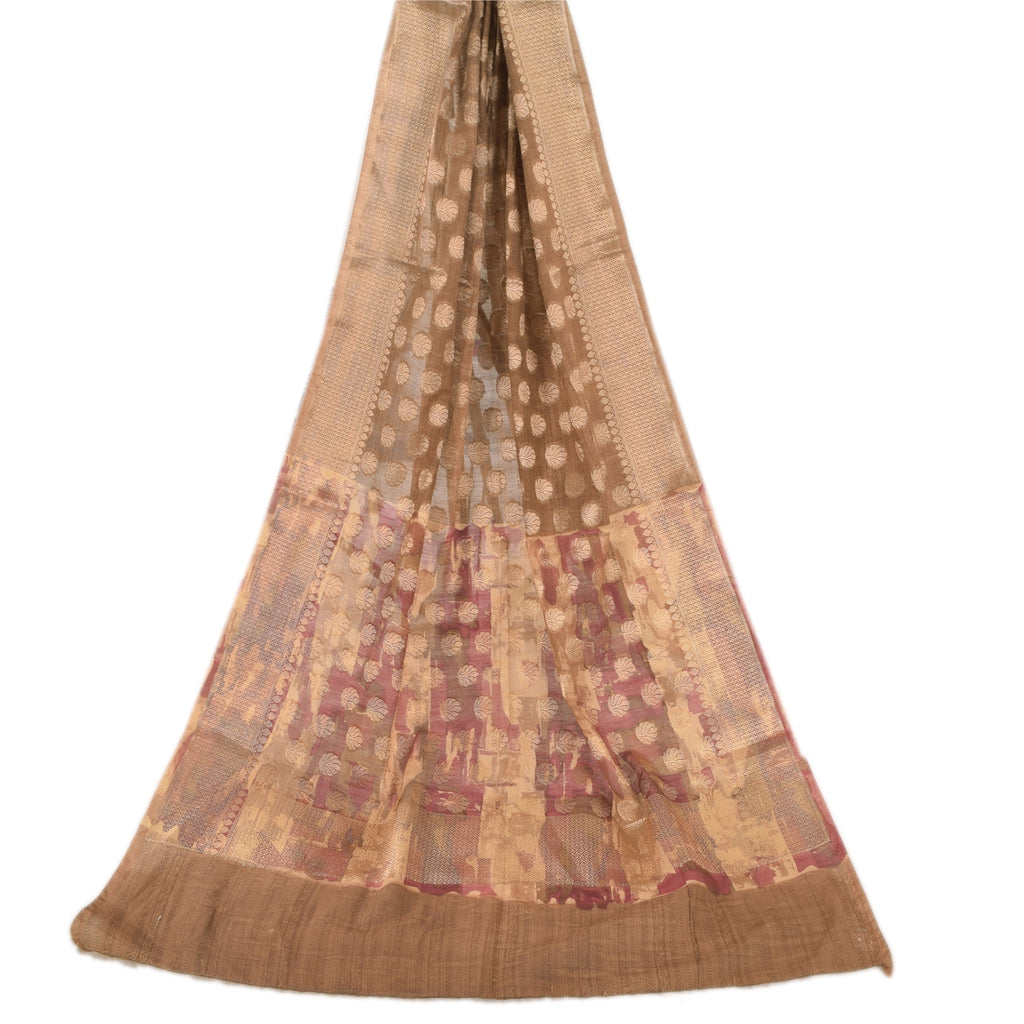 Sanskriti Vintage Brown Dupatta Long Scarf Blend Cotton Woven Floral Printed Wrap Veil upcycled Textile Scraps For Upcyclers & Crafters