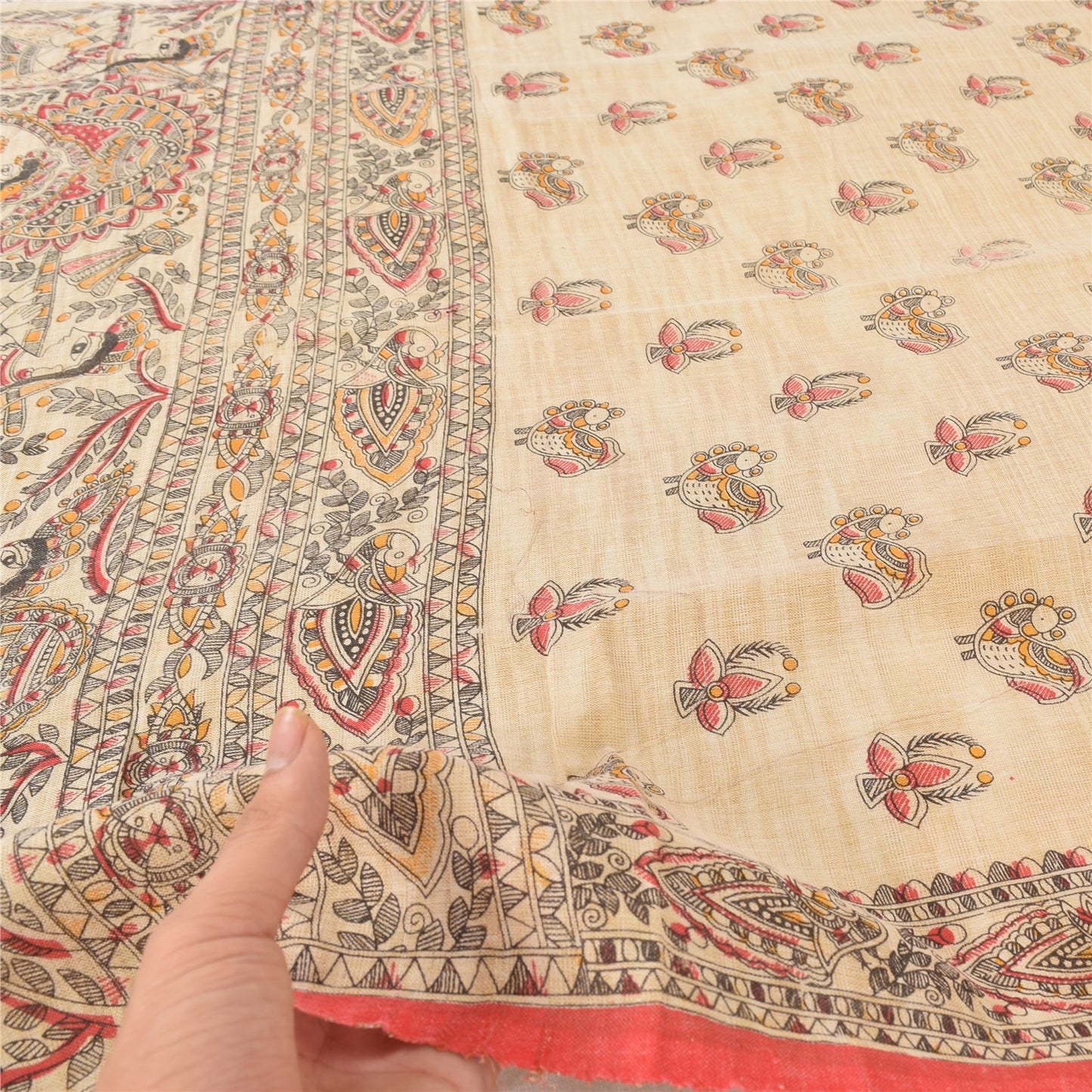 Санскрити Винтаж Ivory Dupatta Длинный палантин из чистого хлопка, тканый набивной платок