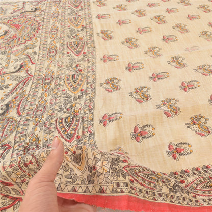 Санскрити Винтаж Ivory Dupatta Длинный палантин из чистого хлопка, тканый набивной платок