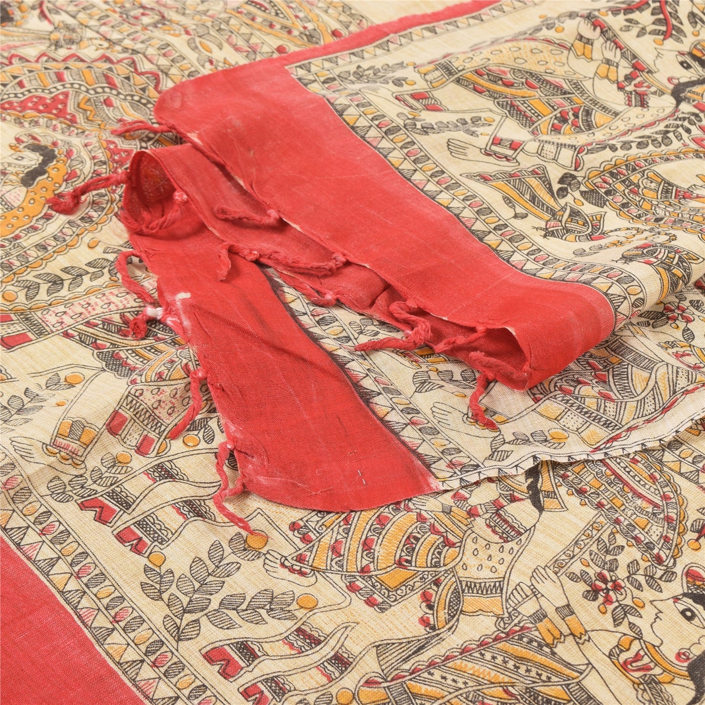 Санскрити Винтаж Ivory Dupatta Длинный палантин из чистого хлопка, тканый набивной платок