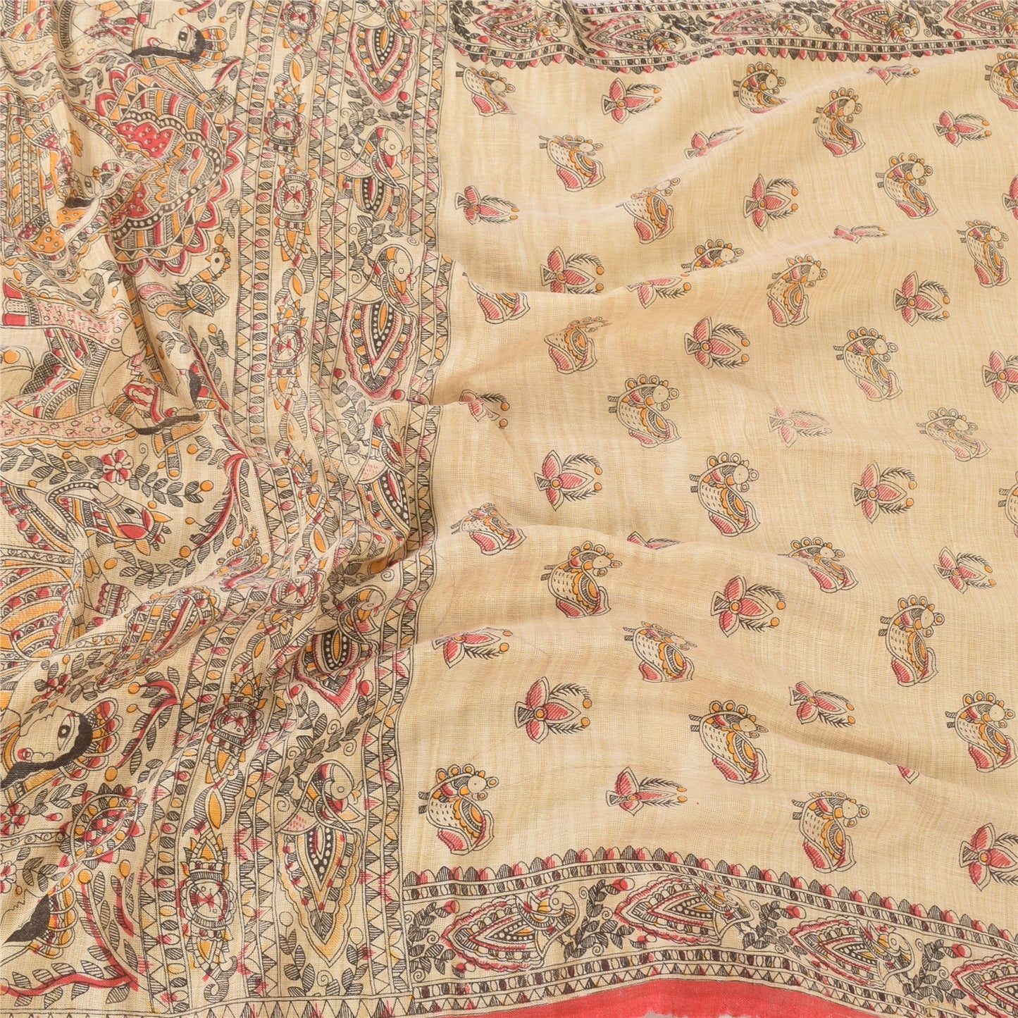 Санскрити Винтаж Ivory Dupatta Длинный палантин из чистого хлопка, тканый набивной платок