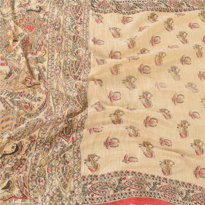 Санскрити Винтаж Ivory Dupatta Длинный палантин из чистого хлопка, тканый набивной платок