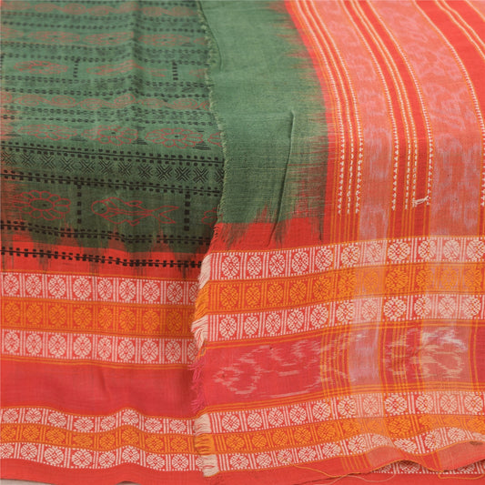 Sanskriti Vintage Long Dupatta/Stole Green/Orange Pure Cotton Printed Woven Veil