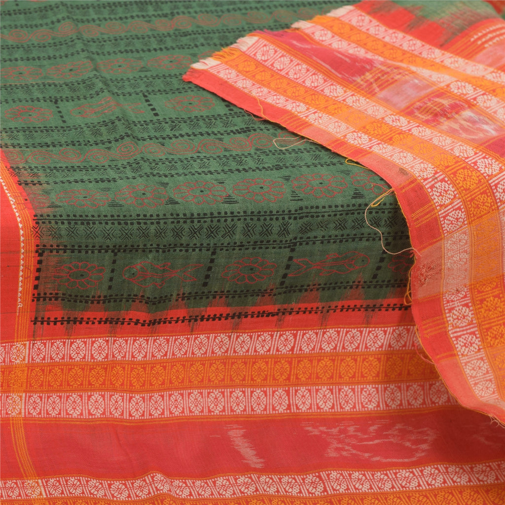 Sanskriti Vintage Long Dupatta/Stole Green/Orange Pure Cotton Printed Woven Veil