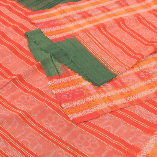 Санскрити Винтаж Длинная Дупатта/Палантин Зеленый/Оранжевый Чистый Хлопок Набивной Тканый Вуаль