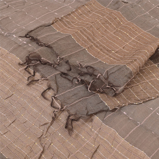 Sanskriti Vintage Long Dupatta/Stole Indian Pure Silk Brown Woven Scarf Veil