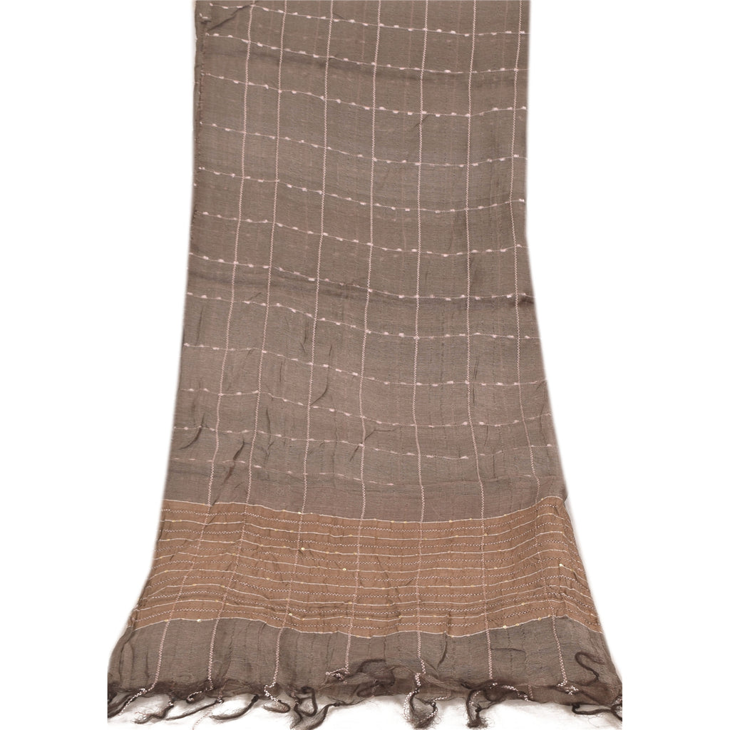 Sanskriti Vintage Long Dupatta/Stole Indian Pure Silk Brown Woven Scarf Veil