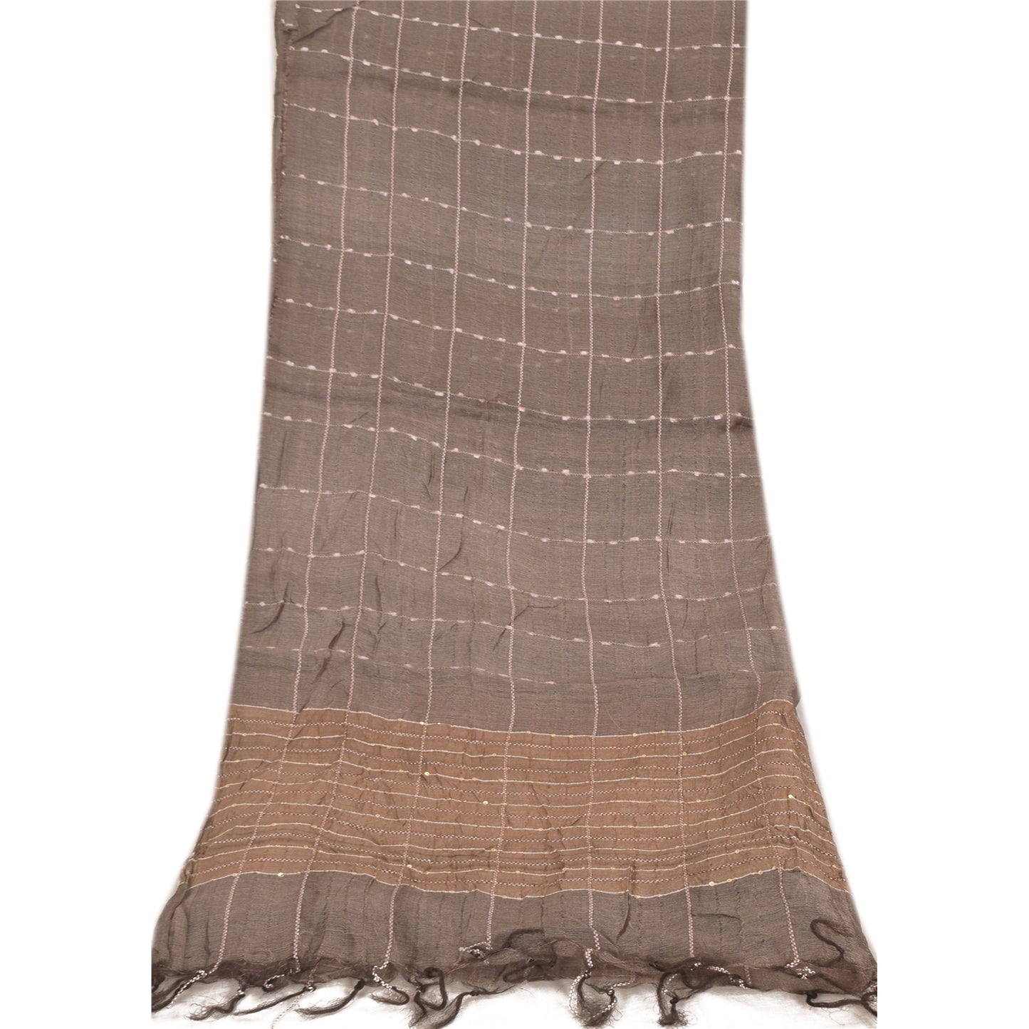 Sanskriti Vintage Long Dupatta/Stole Indian Pure Silk Brown Woven Scarf Veil