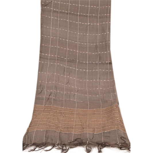 Sanskriti Vintage Long Dupatta/Stole Indian Pure Silk Brown Woven Scarf Veil