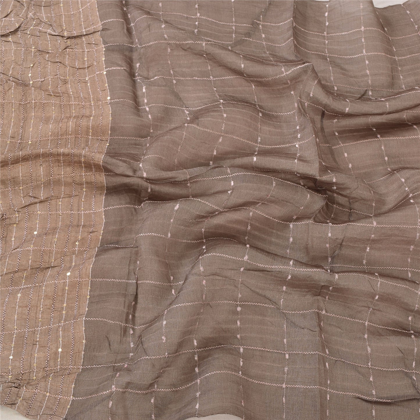 Sanskriti Vintage Long Dupatta/Stole Indian Pure Silk Brown Woven Scarf Veil