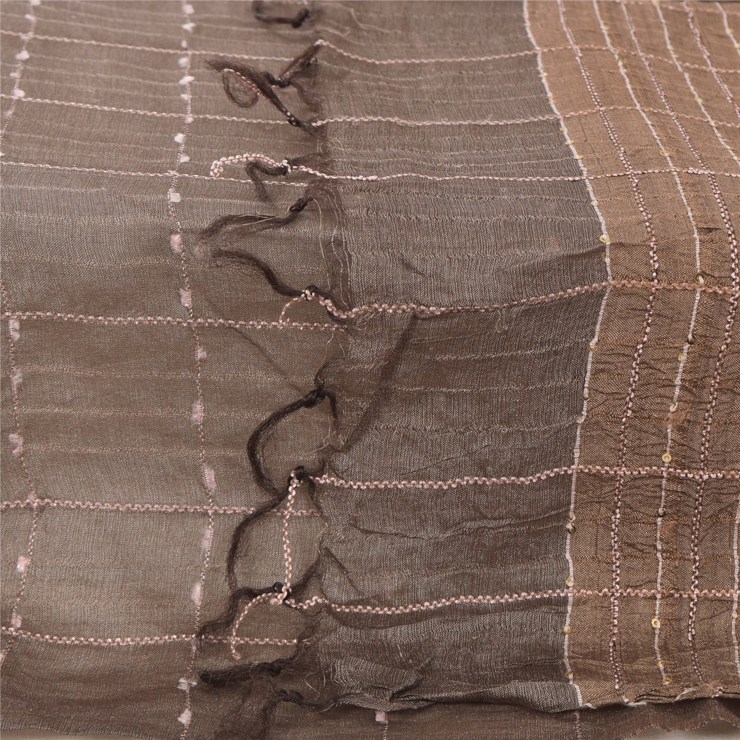 Sanskriti Vintage Long Dupatta/Stole Indian Pure Silk Brown Woven Scarf Veil