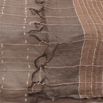 Sanskriti Vintage Long Dupatta/Stole Indian Pure Silk Brown Woven Scarf Veil