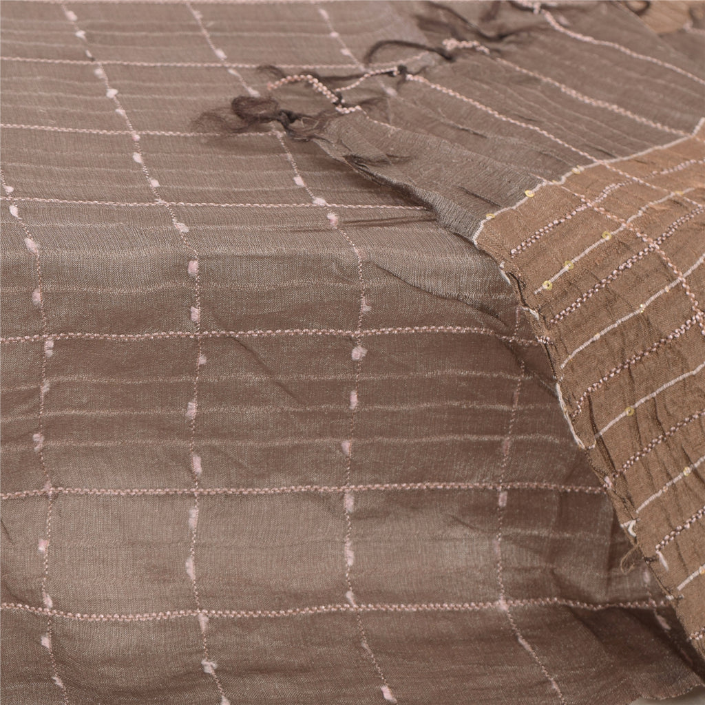 Sanskriti Vintage Long Dupatta/Stole Indian Pure Silk Brown Woven Scarf Veil