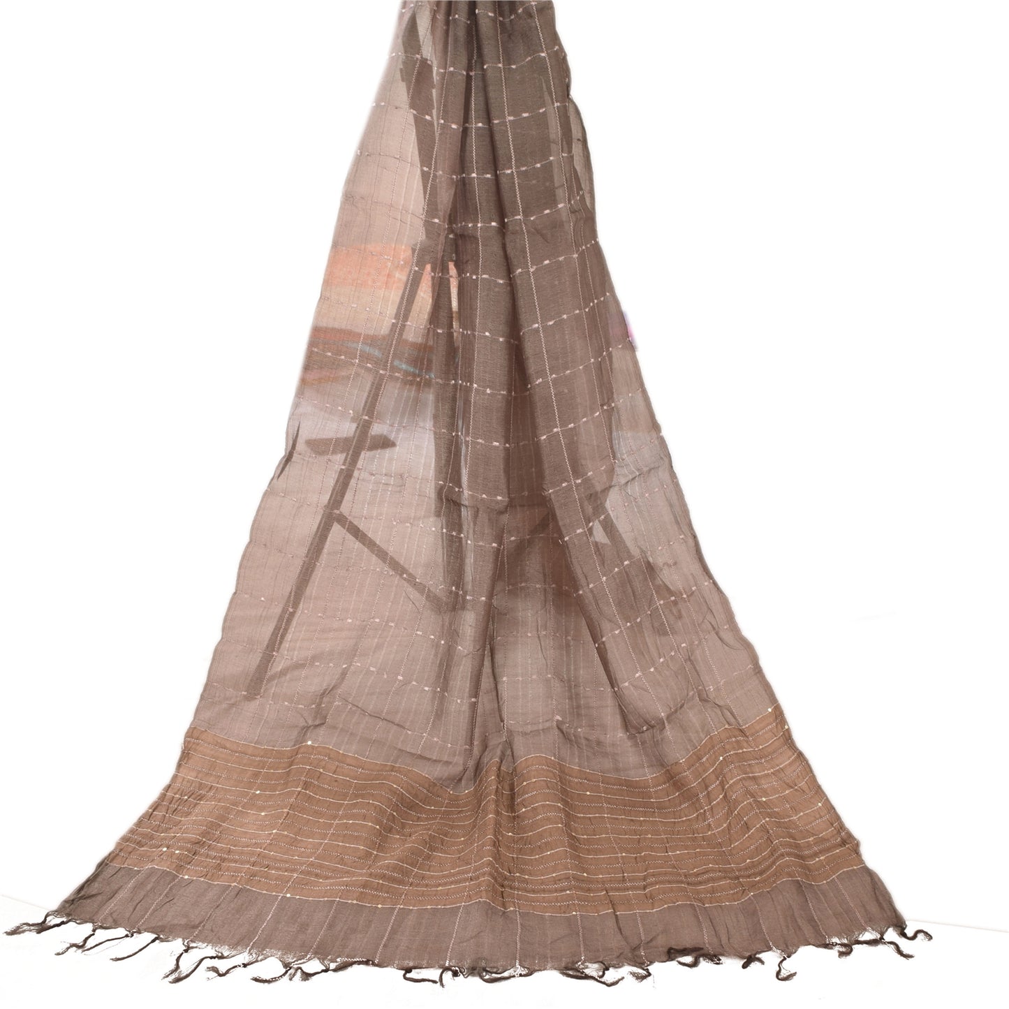 Sanskriti Vintage Long Dupatta/Stole Indian Pure Silk Brown Woven Scarf Veil