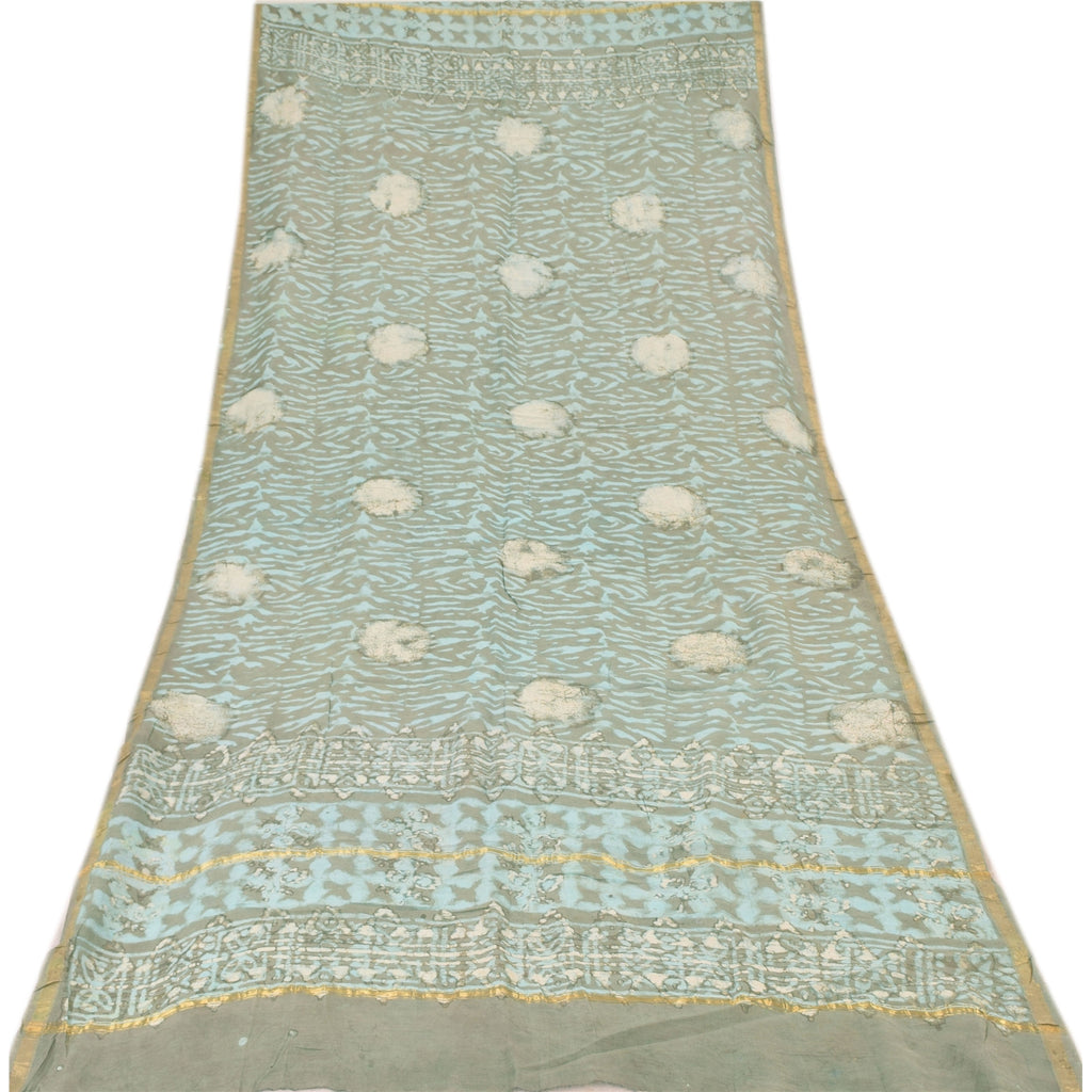 Sanskriti Vintage Long Dupatta/Scarf Pure Cotton Blue Bagru Hand Block Printed Eco-Friendly Upcycled Remnant Fabric For DIY Projects