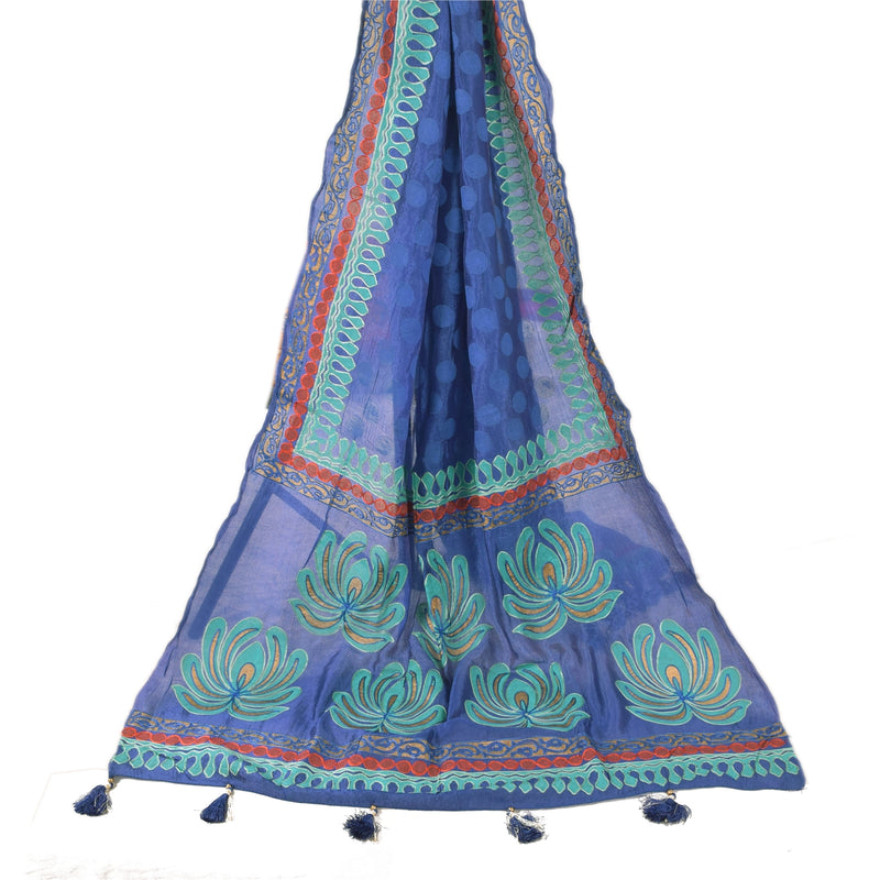 Sanskriti Vintage Blå Dupatta Lang Stola Kunstsilke Broderet Trykt Wrap Slør