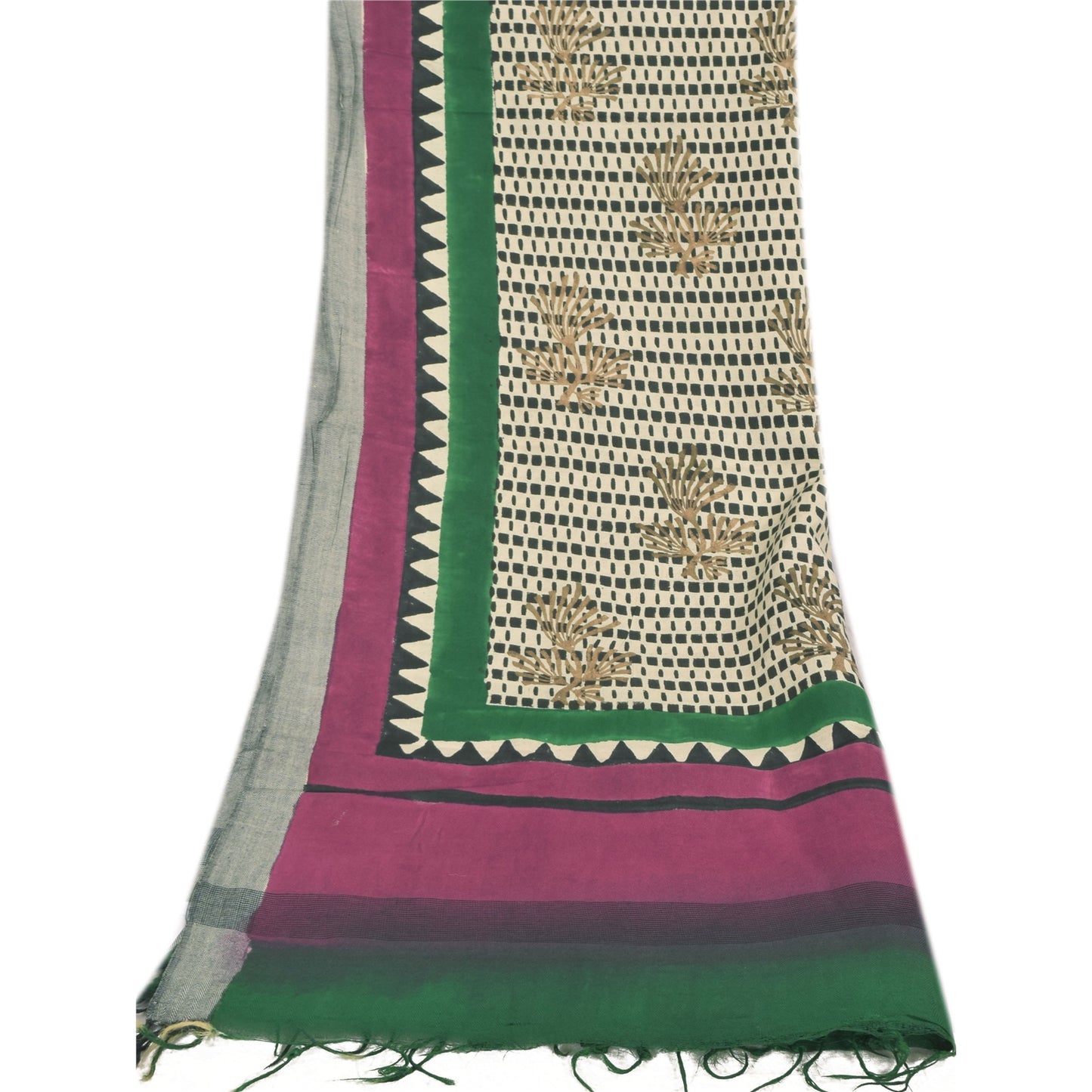 Sanskriti Vintage Cream Dupatta Long Stole Pure Cotton Block Printed Wrap Hijab