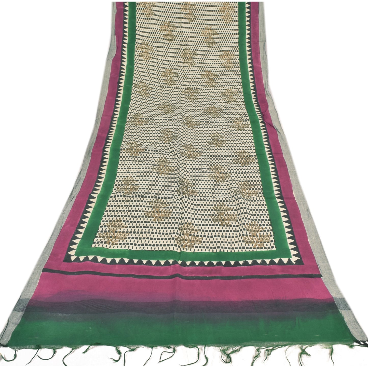 Sanskriti Vintage Cream Dupatta Long Stole Pure Cotton Block Printed Wrap Hijab