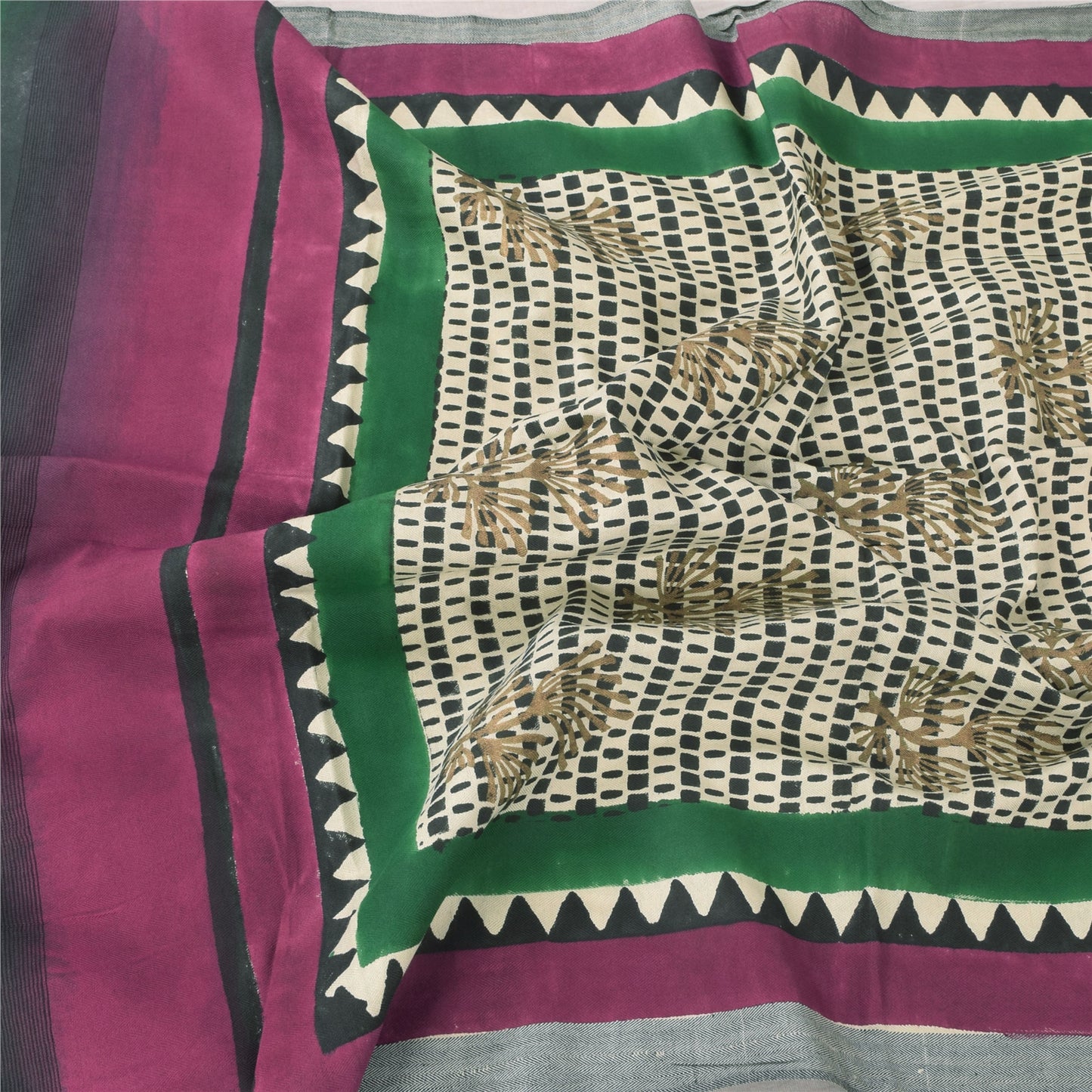 Sanskriti Vintage Cream Dupatta Long Stole Pure Cotton Block Printed Wrap Hijab