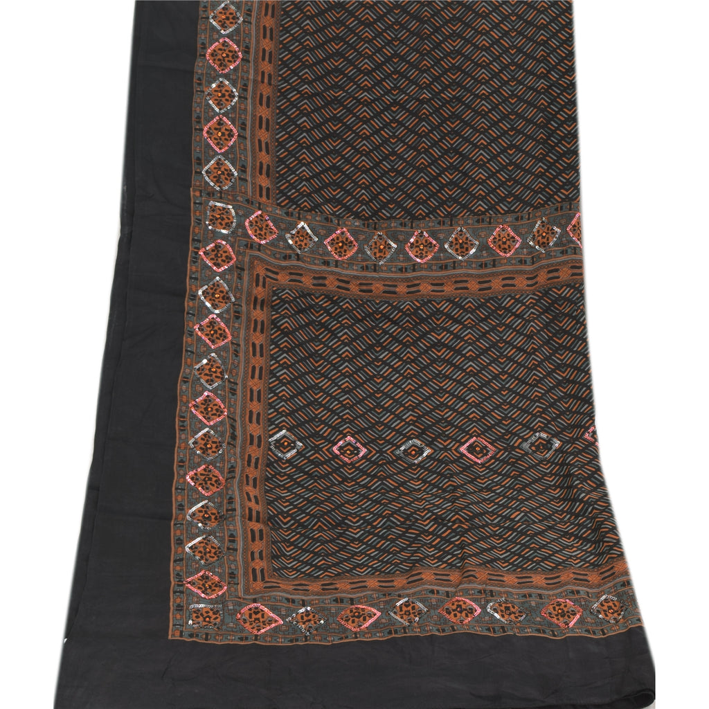 Sanskriti Vintage Black Dupatta Long Stole Pure Silk Embroidered Printed Scarves