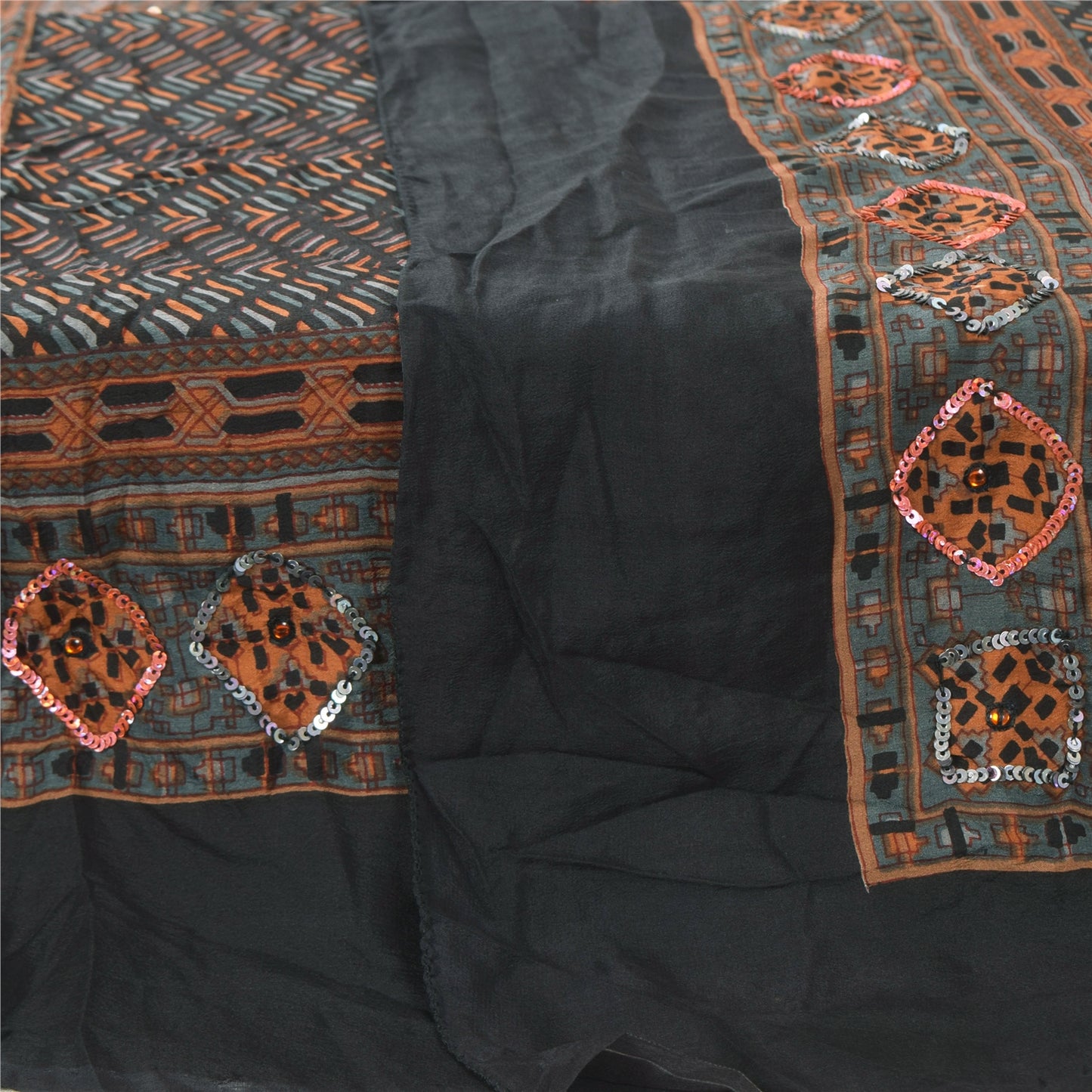 Sanskriti Vintage Black Dupatta Long Stole Pure Silk Embroidered Printed Scarves