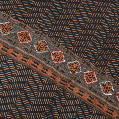 Sanskriti Vintage Black Dupatta Long Stole Pure Silk Embroidered Printed Scarves