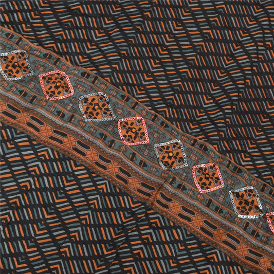 Sanskriti Vintage Sort Dupatta Lang Stola Ren Silke Broderet Trykt Tørklæder