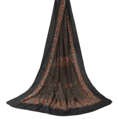 Sanskriti Vintage Black Dupatta Long Stole Pure Silk Embroidered Printed Scarves