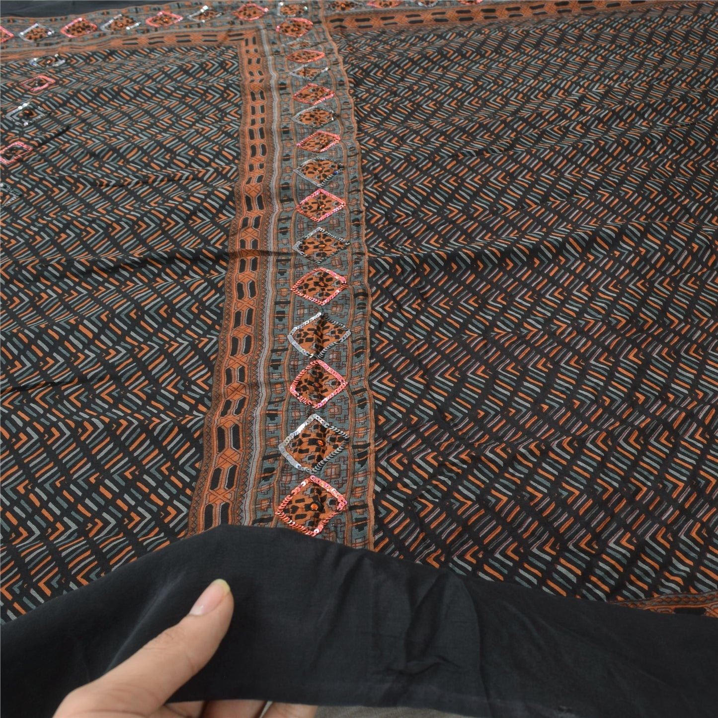 Sanskriti Vintage Black Dupatta Long Stole Pure Silk Embroidered Printed Scarves