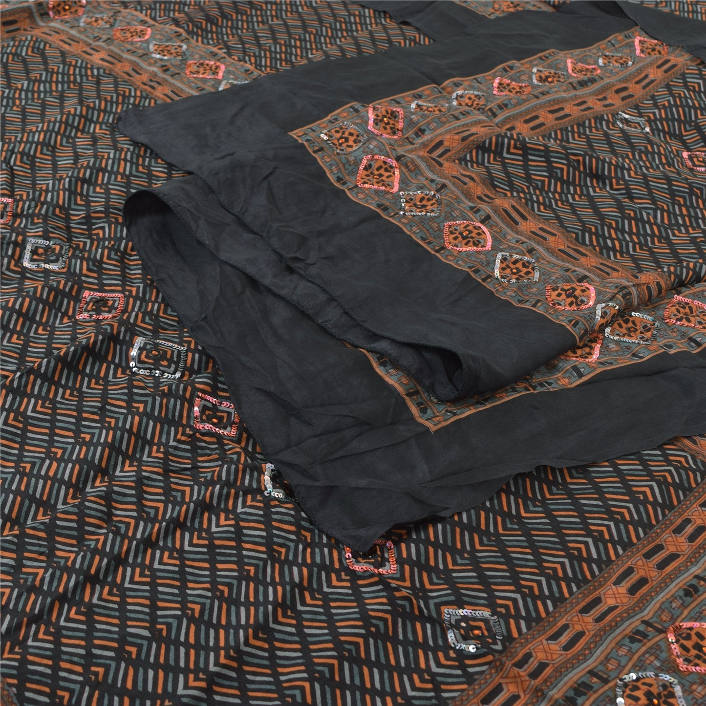 Sanskriti Vintage Black Dupatta Long Stole Pure Silk Embroidered Printed Scarves