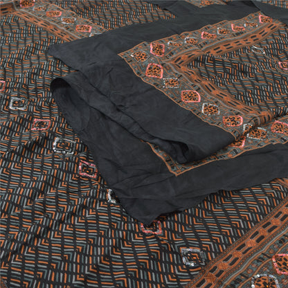 Sanskriti Vintage Black Dupatta Long Stole Pure Silk Embroidered Printed Scarves