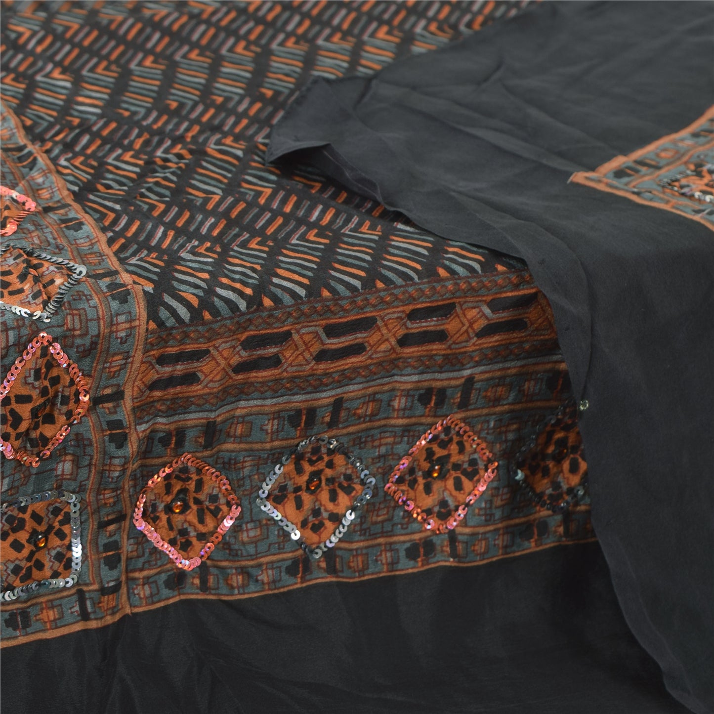 Sanskriti Vintage Black Dupatta Long Stole Pure Silk Embroidered Printed Scarves