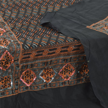 Sanskriti Vintage Black Dupatta Long Stole Pure Silk Embroidered Printed Scarves