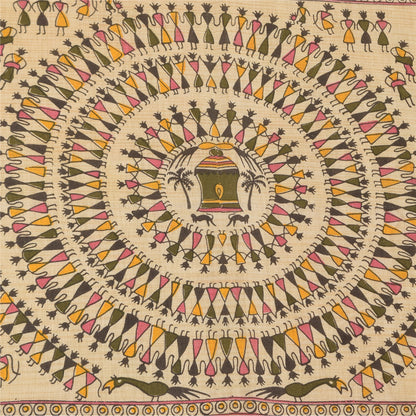 Sanskriti Vintage Ivory Dupatta Long Stole Pure Cotton Warli Art Printed Scarves