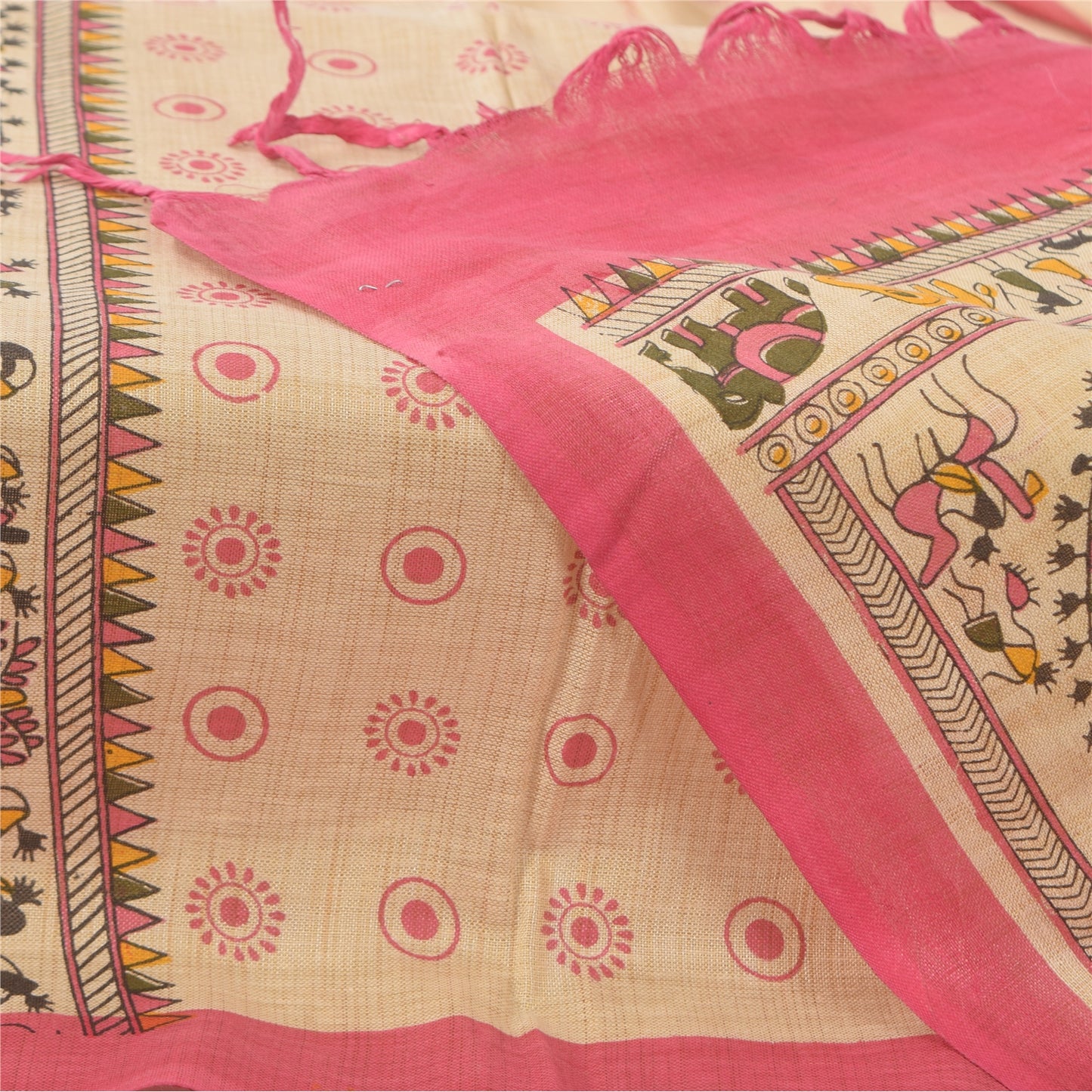 Sanskriti Vintage Ivory Dupatta Long Stole Pure Cotton Warli Art Printed Scarves