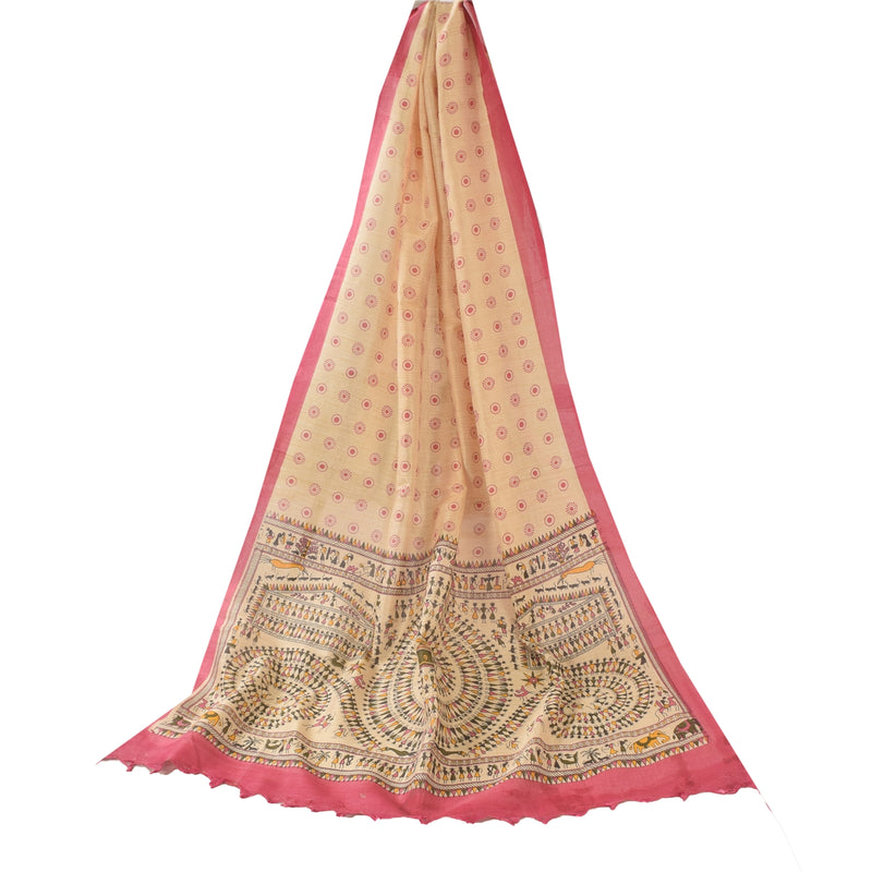 Sanskriti Vintage Ivory Dupatta Long Stole Indian Pure Cotton Warli Art Printed
